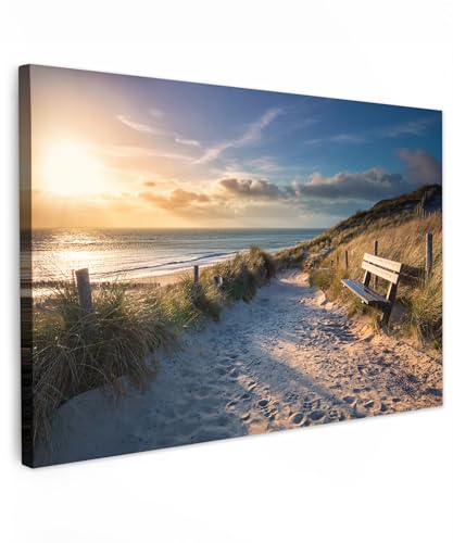 MuchoWow© Leinwand Bilder 90x60 cm Wanddeko Wohnzimmer Aesthetic Room Decor Deko Zimmer Wandbilder Modern Fotogeschenke Sonnenuntergang - Strand und Meer - Düne - Gras - Bank - Sonne von MuchoWow