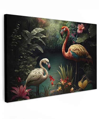 MuchoWow© Leinwand Bilder Groß 120x80 cm XXL Wanddeko Wohnzimmer Aesthetic Room Decor Deko Zimmer Wandbilder Modern Fotogeschenke Flamingo - Blumen - Dschungel - Vögel - Natur von MuchoWow