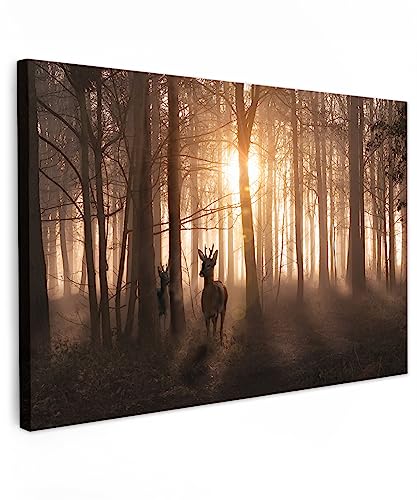 MuchoWow© Leinwand Bilder Groß 120x80 cm XXL Wanddeko Wohnzimmer Aesthetic Room Decor Deko Zimmer Wandbilder Modern Fotogeschenke Hirsch Bild - Rotwild - REH - Sonne - Bäume - Winter - Natur - Tiere von MuchoWow