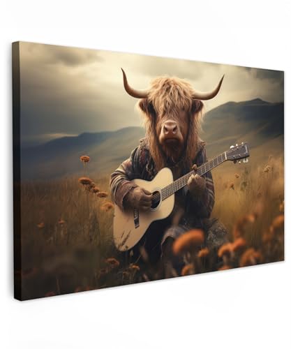 MuchoWow© Leinwand Bilder Groß 120x80 cm XXL Wanddeko Wohnzimmer Aesthetic Room Decor Deko Zimmer Wandbilder Modern Fotogeschenke Schottische Hochlandrind - Kuh - Highland Cow - Gitar - Blumen - Berge von MuchoWow