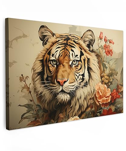 MuchoWow© Leinwand Bilder Groß 120x80 cm XXL Wanddeko Wohnzimmer Aesthetic Room Decor Deko Zimmer Wandbilder Modern Fotogeschenke Vintage - Tiger - Blumen - Tiere - Weiß von MuchoWow