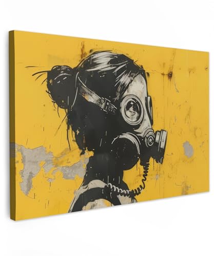 MuchoWow© Leinwand Bilder Groß 150x100 cm XXL Wanddeko Wohnzimmer Aesthetic Room Decor Deko Zimmer Wandbilder Modern Bild auf Leinwand Vintage - Street art - Mädchen - Maske - Gelb - Banksy von MuchoWow