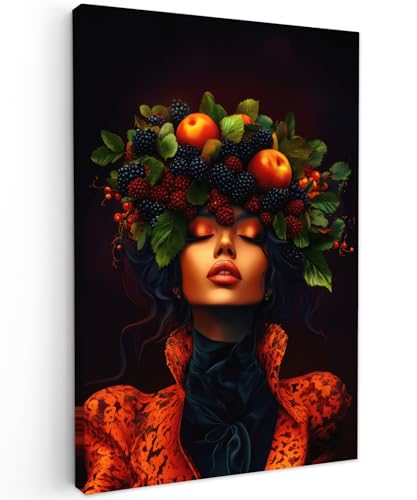 MuchoWow© Leinwand Bilder Groß 80x120 cm XXL Wanddeko Wohnzimmer Aesthetic Room Decor Deko Zimmer Wandbilder Modern Bild auf Leinwand Frau - Schwarz - Beeren - Brombeeren - Äpfel von MuchoWow