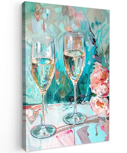MuchoWow© Leinwand Bilder Klein 20x30 cm Mini Wanddeko Wohnzimmer Aesthetic Room Decor Deko Zimmer Wandbilder Modern Bild auf Leinwand Küchenbilder - Küche - Champagner - Malerei - Blumen - Kunst von MuchoWow