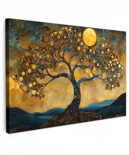 MuchoWow© Leinwand Bilder Klein 30x20 cm Mini Wanddeko Wohnzimmer Aesthetic Room Decor Deko Zimmer Wandbilder Modern Bild auf Leinwand Baum - Mond - Blumen - Gold - Kunst von MuchoWow