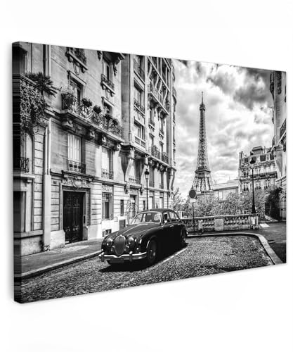 MuchoWow© Leinwand Groß 120x80 cm XXL Deko Schlafzimmer Aesthetic Leinwandbilder Wohnzimmer Gemälde Foto Geschenk Living Room Decoration Bilder Schwarz Weiß - Paris mit einem Auto - Weiss von MuchoWow