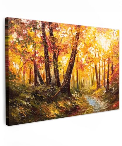 MuchoWow© Leinwand Groß 120x80 cm XXL Deko Schlafzimmer Aesthetic Leinwandbilder Wohnzimmer Gemälde Foto Geschenk Living Room Decoration Gemälde - Herbst - Wald - Ölgemälde von MuchoWow