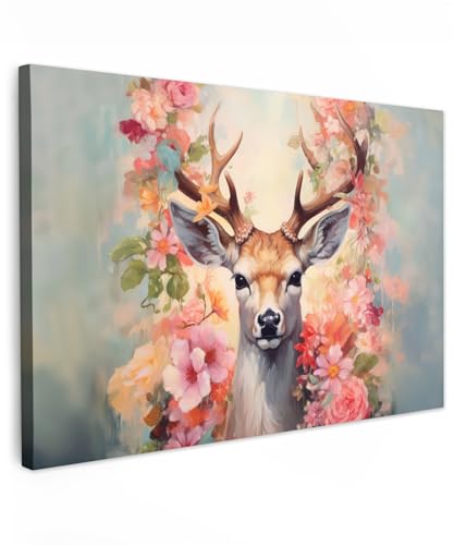 MuchoWow© Leinwand Groß 120x80 cm XXL Deko Schlafzimmer Aesthetic Leinwandbilder Wohnzimmer Gemälde Foto Geschenk Living Room Decoration Hirschkopf Wanddeko Hirsch Bild - Reh - Blumen - Rosa von MuchoWow