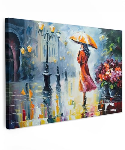 MuchoWow© Leinwand Groß 120x80 cm XXL Deko Schlafzimmer Aesthetic Leinwandbilder Wohnzimmer Gemälde Foto Geschenk Living Room Decoration Kunstdruck - Öl - Bunt - Regenschirm - Frau - Straße - Kunst von MuchoWow