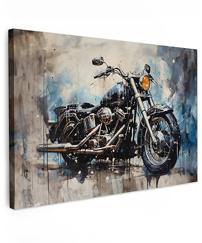 MuchoWow© Leinwand Groß 120x80 cm XXL Deko Schlafzimmer Aesthetic Leinwandbilder Wohnzimmer Gemälde Foto Geschenk Living Room Decoration Motorrad - Blau - Pastell - Weiß von MuchoWow