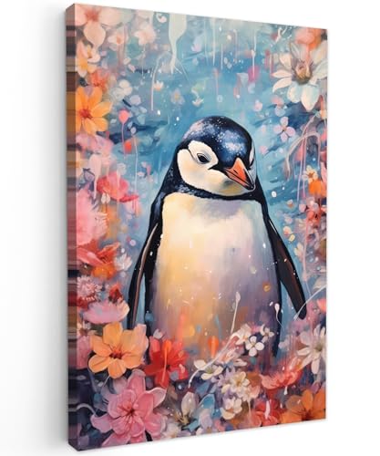 MuchoWow© Leinwand Klein 20x30 cm Mini Deko Schlafzimmer Aesthetic Leinwandbilder Wohnzimmer Gemälde Foto Geschenk Living Room Decoration Bilder Pinguin - Blumen - Polartiere - Rosa von MuchoWow