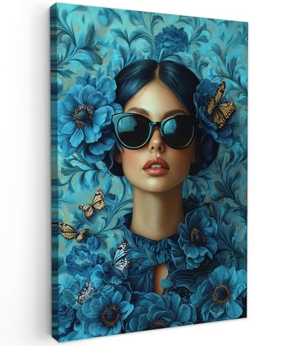 MuchoWow© Leinwand Klein 20x30 cm Mini Deko Schlafzimmer Aesthetic Leinwandbilder Wohnzimmer Gemälde Foto Geschenk Living Room Decoration Frau - Blumen - Schmetterlinge - Blau - Abstrakt von MuchoWow
