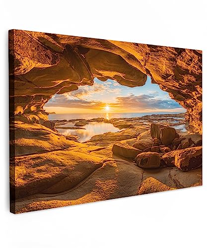 MuchoWow© Leinwand Klein 30x20 cm Mini Deko Schlafzimmer Aesthetic Leinwandbilder Natur Wohnzimmer Gemälde Foto Geschenk Living Room Decoration Bild Höhle - Meer - Horizont - Sonnenuntergang von MuchoWow