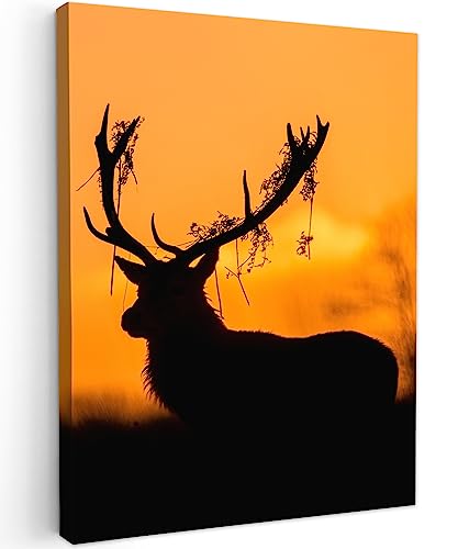 MuchoWow© Leinwandbild 30x40 cm Dekoration Wohnzimmer Bilder Aufhängen Wall Decoration Living Room Wohnungs Deko Moderne Hirsch Bild - Rotwild - Reh - Orange - Scherenschnitt - Tiere - Natur von MuchoWow