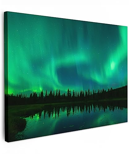 MuchoWow© Leinwandbild 40x30 cm Dekoration Wohnzimmer Bilder Aufhängen Wall Decoration Living Room Wohnungs Deko Moderne Bild Natur - Nordlichter - Bäume - Wasser - Alaska von MuchoWow