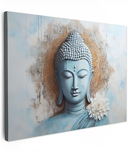 MuchoWow© Leinwandbild 40x30 cm Dekoration Wohnzimmer Bilder Aufhängen Wall Decoration Living Room Wohnungs Deko Moderne Buddha - Statue - Blau - Braun - Blume von MuchoWow