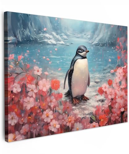 MuchoWow© Leinwandbild 40x30 cm Dekoration Wohnzimmer Bilder Aufhängen Wall Decoration Living Room Wohnungs Deko Moderne Pinguin - Blumen - Rosa - Tiere von MuchoWow