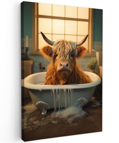 MuchoWow© Leinwandbild 40x60 cm Dekoration Wohnzimmer Bilder Aufhängen Wall Decoration Living Room Wohnungs Deko Moderne Schottische Hochlandrind - Kuh - Highland Cow - Bad - Badezimmer von MuchoWow