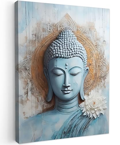 MuchoWow© Leinwandbild 50x70 cm Dekoration Wohnzimmer Bilder Aufhängen Wall Decoration Living Room Wohnungs Deko Moderne Buddha - Statue - Blau - Braun - Blume von MuchoWow