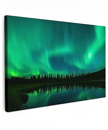 MuchoWow© Leinwandbild 60x40 cm Dekoration Wohnzimmer Bilder Aufhängen Wall Decoration Living Room Wohnungs Deko Moderne Bild Natur - Nordlichter - Bäume - Wasser - Alaska von MuchoWow