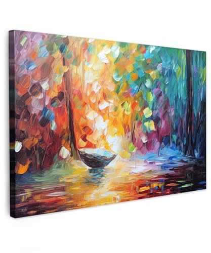 MuchoWow© Leinwandbild 60x40 cm Dekoration Wohnzimmer Bilder Aufhängen Wall Decoration Living Room Wohnungs Deko Moderne Kunstdruck - Bunt - Ölfarbe - Wasser - Boot von MuchoWow