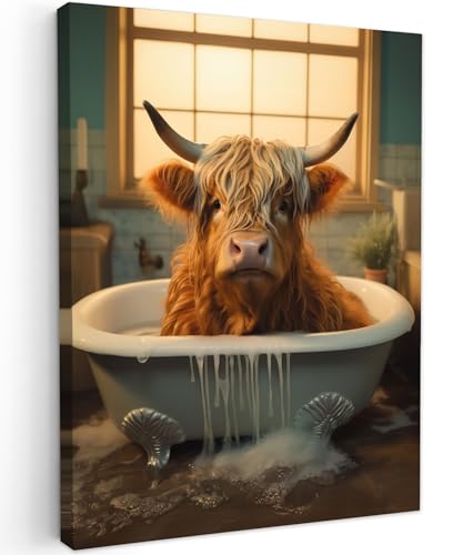 MuchoWow© Leinwandbild 60x80 cm Dekoration Wohnzimmer Bilder Aufhängen Wall Decoration Living Room Wohnungs Deko Moderne Schottische Hochlandrind - Kuh - Highland Cow - Bad - Badezimmer von MuchoWow