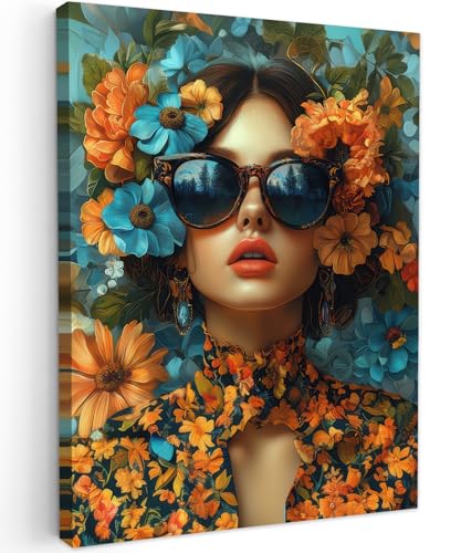 MuchoWow© Leinwandbild 60x80 cm Dekoration Wohnzimmer Bilder Pictures Wall Decoration Living Room Wohnungs Deko Moderne Bild Frau - Blumen - Orange - Blau - Modern von MuchoWow