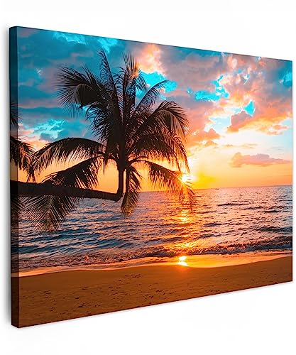 MuchoWow© Leinwandbild 70x50 cm Dekoration Wohnzimmer Bilder Aufhängen Wall Decoration Living Room Wohnungs Deko Moderne Bild Natur - Sonnenuntergang - Horizont - Strand - Meer - Tropisch von MuchoWow