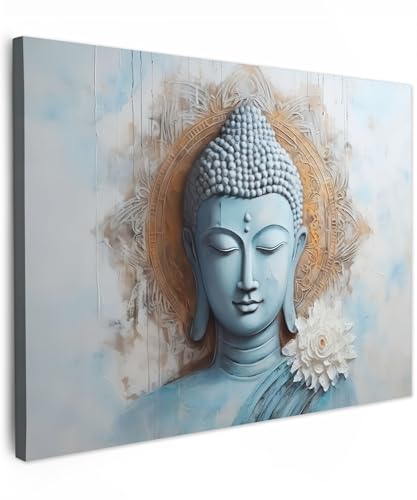 MuchoWow© Leinwandbild 70x50 cm Dekoration Wohnzimmer Bilder Aufhängen Wall Decoration Living Room Wohnungs Deko Moderne Buddha - Statue - Blau - Braun - Blume von MuchoWow