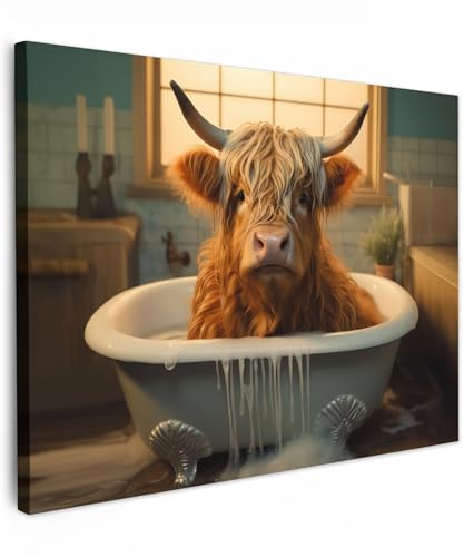 MuchoWow© Leinwandbild 70x50 cm Dekoration Wohnzimmer Bilder Aufhängen Wall Decoration Living Room Wohnungs Deko Moderne Schottische Hochlandrind - Kuh - Highland Cow - Bad - Badezimmer von MuchoWow