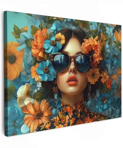MuchoWow© Leinwandbild 70x50 cm Dekoration Wohnzimmer Bilder Pictures Wall Decoration Living Room Wohnungs Deko Moderne Bild Frau - Blumen - Orange - Blau - Modern von MuchoWow