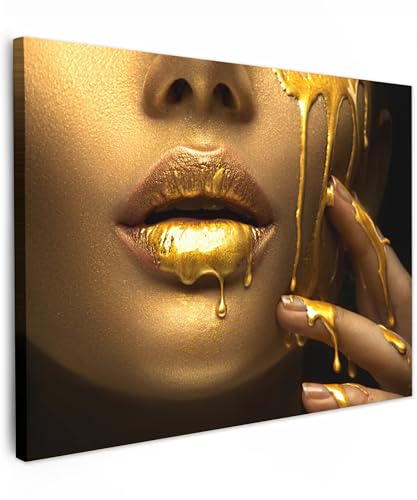 MuchoWow© Leinwandbild 80x60 cm Dekoration Wohnzimmer Bilder Aufhängen Wall Decoration Living Room Wohnungs Deko Moderne Frau - Gold - Lippen - Porträt von MuchoWow