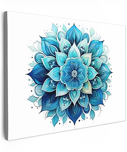 MuchoWow© Leinwandbild 80x60 cm Dekoration Wohnzimmer Bilder Aufhängen Wall Decoration Living Room Wohnungs Deko Moderne Mandala - Blau - Weiß - Blumen von MuchoWow