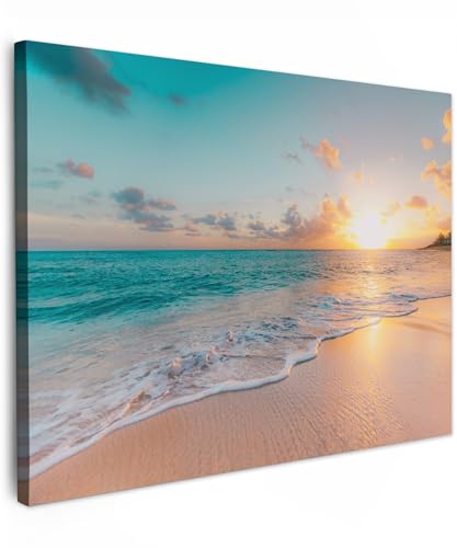 MuchoWow© Leinwandbild 80x60 cm Dekoration Wohnzimmer Bilder Aufhängen Wall Decoration Living Room Wohnungs Deko Moderne Sonnenuntergang - Strand und Meer - Sommer - Wolken - Blau von MuchoWow