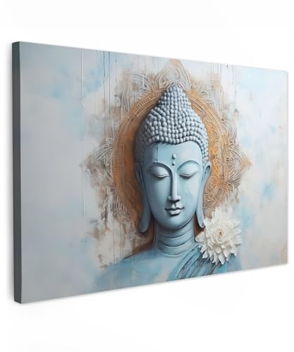 MuchoWow© Leinwandbild 90x60 cm Dekoration Wohnzimmer Bilder Aufhängen Wall Decoration Living Room Wohnungs Deko Moderne Buddha - Statue - Blau - Braun - Blume von MuchoWow