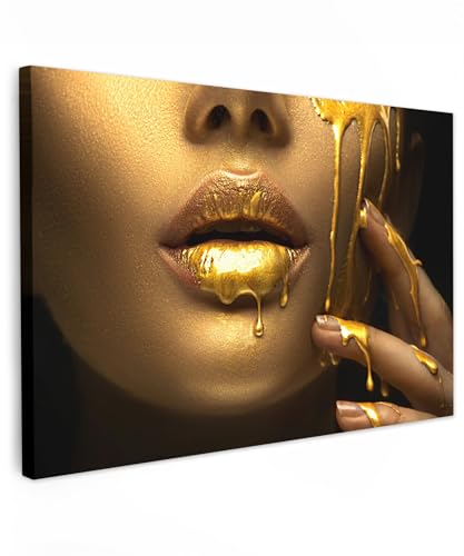 MuchoWow© Leinwandbild 90x60 cm Dekoration Wohnzimmer Bilder Aufhängen Wall Decoration Living Room Wohnungs Deko Moderne Frau - Gold - Lippen - Porträt von MuchoWow