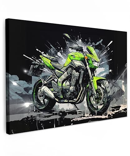 MuchoWow© Leinwandbild 90x60 cm Dekoration Wohnzimmer Bilder Aufhängen Wall Decoration Living Room Wohnungs Deko Moderne Leinwandbilder Motorrad - Grün - Schwarz - Grau - Graffiti von MuchoWow