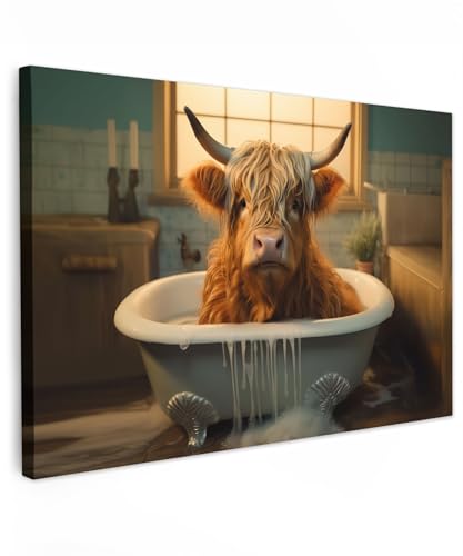 MuchoWow© Leinwandbild 90x60 cm Dekoration Wohnzimmer Bilder Aufhängen Wall Decoration Living Room Wohnungs Deko Moderne Schottische Hochlandrind - Kuh - Highland Cow - Bad - Badezimmer von MuchoWow