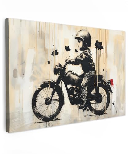 MuchoWow© Leinwandbild 90x60 cm Dekoration Wohnzimmer Bilder Pictures Wall Decoration Living Room Wohnungs Deko Moderne Bild Vintage - Street art - Motorrad - Junge - Graffiti - Schwarz - Banksy von MuchoWow