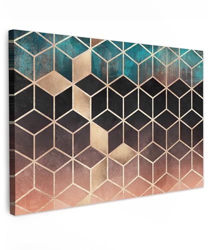 MuchoWow© Leinwandbild 90x60 cm Dekoration Wohnzimmer Bilder Aufhängen Wall Decoration Living Room Wohnungs Goldene Deko Moderne Abstrakt - Würfel - Bild Gold - Muster - Luxe von MuchoWow