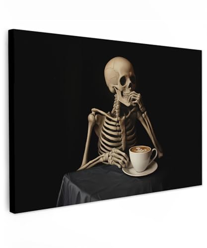 MuchoWow© Leinwandbild 90x60 cm Dekoration Wohnzimmer Bilder Pictures Wall Decoration Living Room Wohnungs Deko Moderne Bild Skelett - Kaffee - Trinken - Schädel - Tisch von MuchoWow