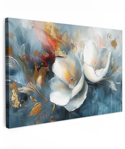 MuchoWow© Bild auf Leinwand Groß 120x80 cm XXL Schlafzimmer Bilder Badezimmer Wand Deko Wohnzimmer Modern Wanddeko Bilderwand Geschenk Blumen - Weiß - Gold - Kunst - Abstrakt von MuchoWow