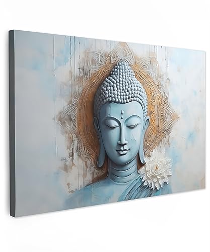 MuchoWow© Leinwandbild Groß 120x80 cm XXL Dekoration Wohnzimmer Bilder Aufhängen Wall Decoration Living Room Wohnungs Deko Moderne Buddha - Statue - Blau - Braun - Blume von MuchoWow