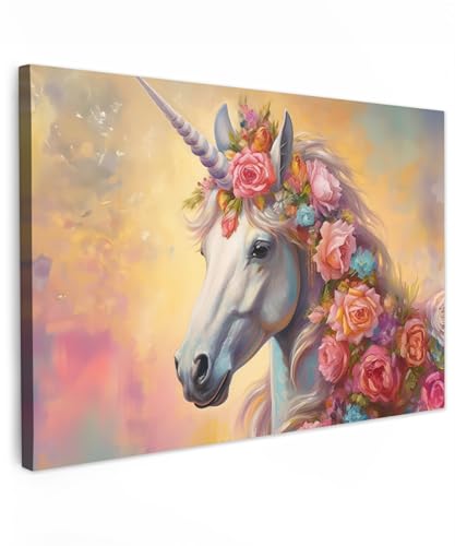 MuchoWow© Leinwandbild Groß 120x80 cm XXL Dekoration Wohnzimmer Bilder Aufhängen Wall Decoration Living Room Wohnungs Deko Moderne Einhorn - Rosen - Einhorn - Blumen von MuchoWow