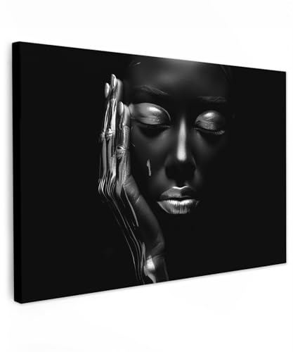 MuchoWow© Leinwandbild Groß 120x80 cm XXL Dekoration Wohnzimmer Bilder Aufhängen Wall Decoration Living Room Wohnungs Deko Moderne Frau - Porträt - Silber - Schwarz und Weiß - Abstrakt von MuchoWow