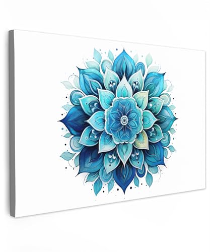 MuchoWow© Leinwandbild Groß 120x80 cm XXL Dekoration Wohnzimmer Bilder Aufhängen Wall Decoration Living Room Wohnungs Deko Moderne Mandala - Blau - Weiß - Blumen von MuchoWow