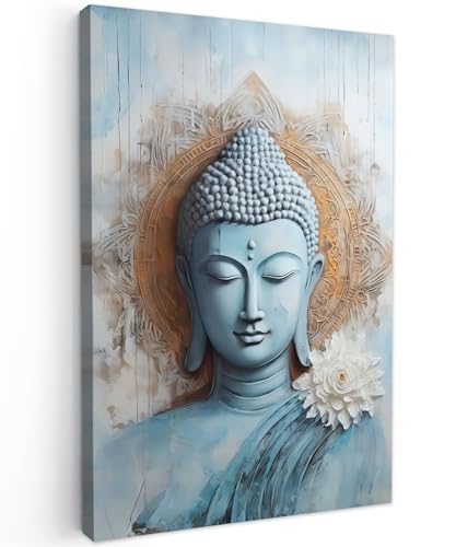 MuchoWow© Leinwandbild Groß 80x120 cm XXL Dekoration Wohnzimmer Bilder Aufhängen Wall Decoration Living Room Wohnungs Deko Moderne Buddha - Statue - Blau - Braun - Blume von MuchoWow