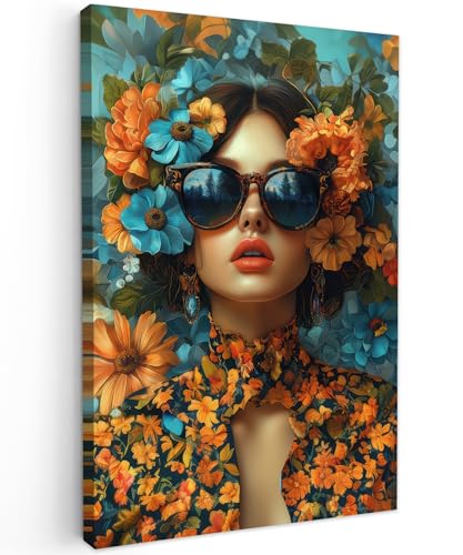 MuchoWow© Leinwandbild Groß 80x120 cm XXL Dekoration Wohnzimmer Bilder Pictures Wall Decoration Living Room Wohnungs Deko Moderne Bild Frau - Blumen - Orange - Blau - Modern von MuchoWow