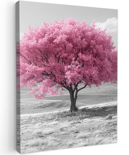 MuchoWow© Leinwandbilder 30x40 cm Wall Art Decoration Bilder für die Wand Schlafzimmer Deko Canvas Painting Wanddekoration Wohnzimmer Baum - Rosa - Schwarz und weiß - Natur von MuchoWow