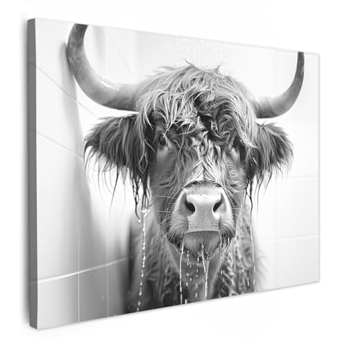 MuchoWow© Leinwandbilder 70x50 cm Wall Art Decoration Bilder für die Wand Badezimmer Toilette Deko Canvas Painting Wanddekoration Wohnzimmer Hochländer - Zeitung - Kuh - WC von MuchoWow